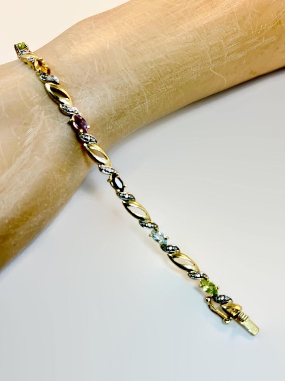 Gemstone Bracelet, Sterling Silver, Blue Topaz, Garnet, Amethyst, Peridot